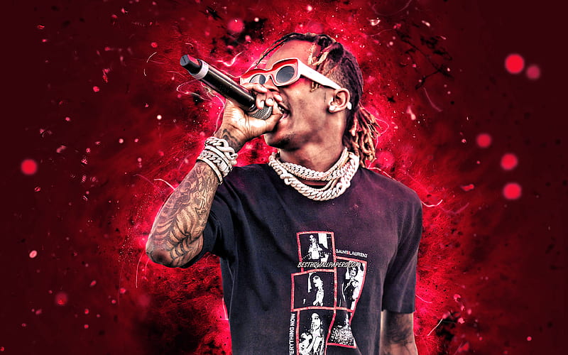Rich the Kid, 2020 red neon lights, american rapper, concert, music stars, creative, Rich the Kid with microphone, Dimitri Roger, american celebrity, Rich the Kid, HD wallpaper