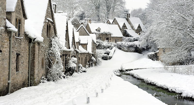 English Village in Winter, architecture, snow, england, houses, village, winter, HD wallpaper
