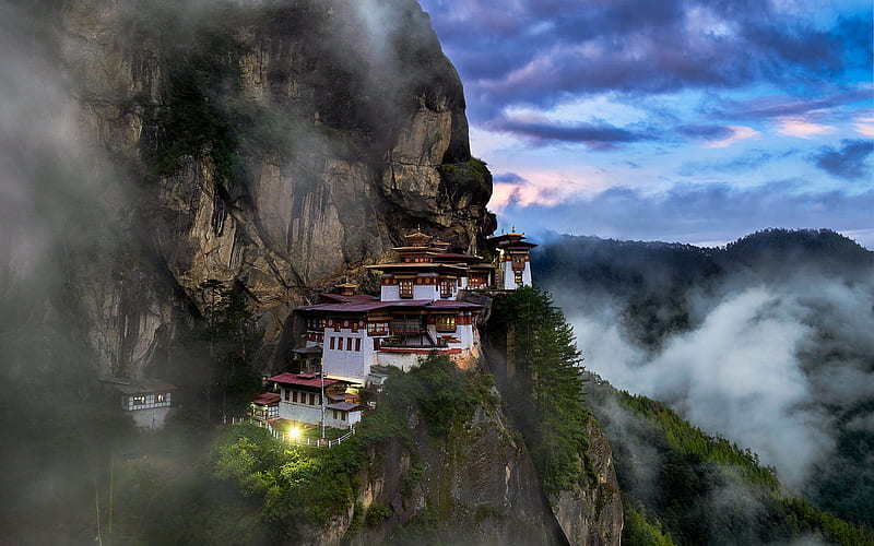 Taktsang Palphug Monastery, Paro Taktsang, evening, sunset, Himalayas, forest, mountain landscape, Bhutan, HD wallpaper