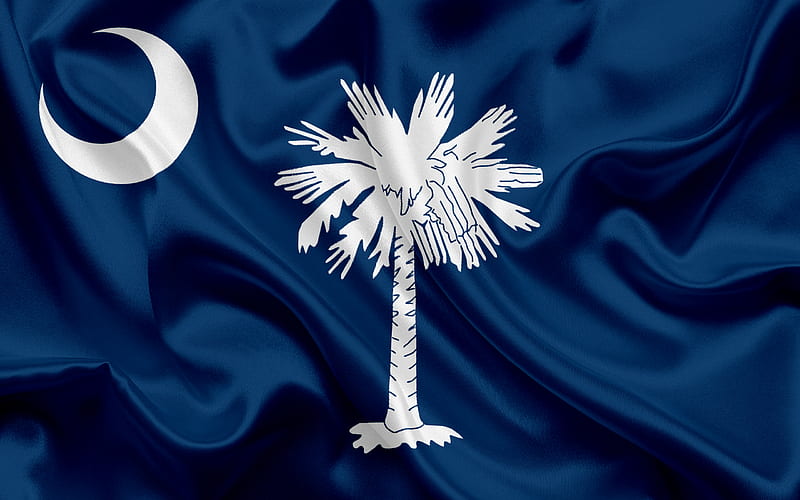 South Carolina State Flag, flags of States, flag State of South Carolina, USA, state South Carolina, blue silk flag, South Carolina coat of arms, HD wallpaper