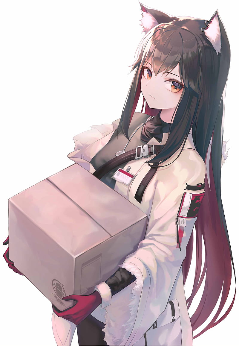 anime, anime girls, digital art, artwork, Arknights, black hair, animal ears, red eyes, simple background, long hair, gloves, boxes, Texas (Arknights), wolf girls, white background, HD phone wallpaper