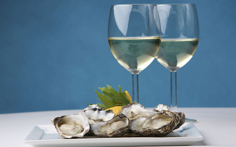 Champagne and oysters, food, glasses, desenho, sea, green, oysters, gris, plate, drink, champagne, HD wallpaper
