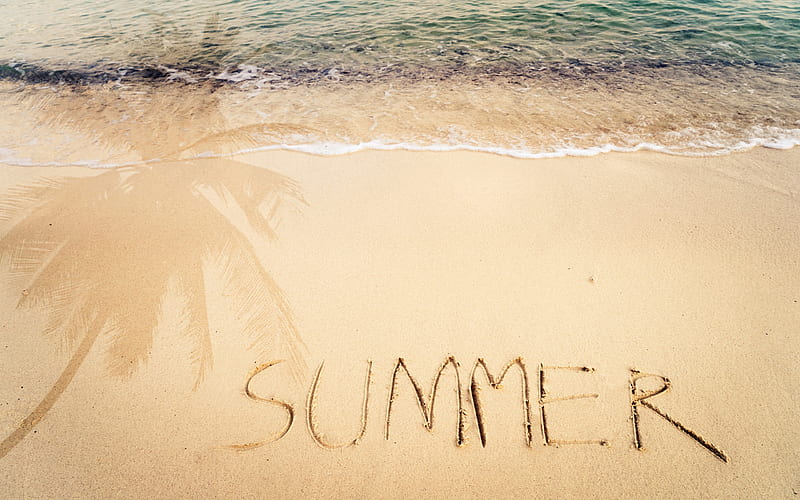 Summer concepts, beach, word on sand, sea, coast, HD wallpaper