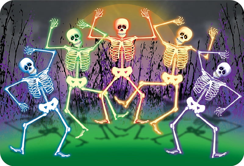 DANCING BONES, purple, green, skeletons, bones, dancing, blue, HD wallpaper