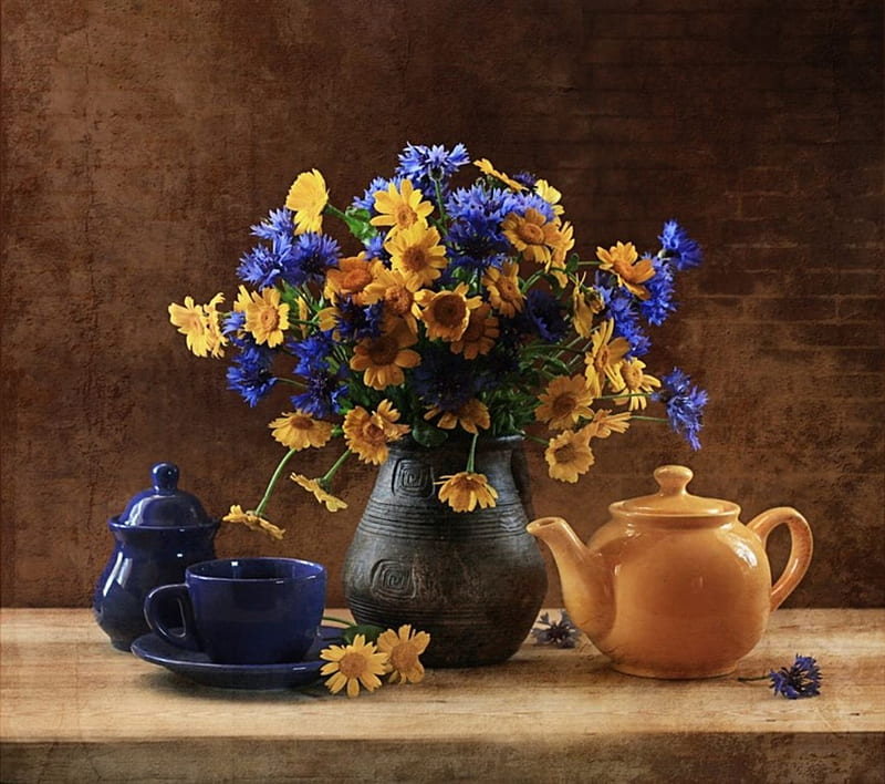 Still life, vase, teapot, graphy, bouquet, cup, flowers, plate, beauty, harmony, HD wallpaper