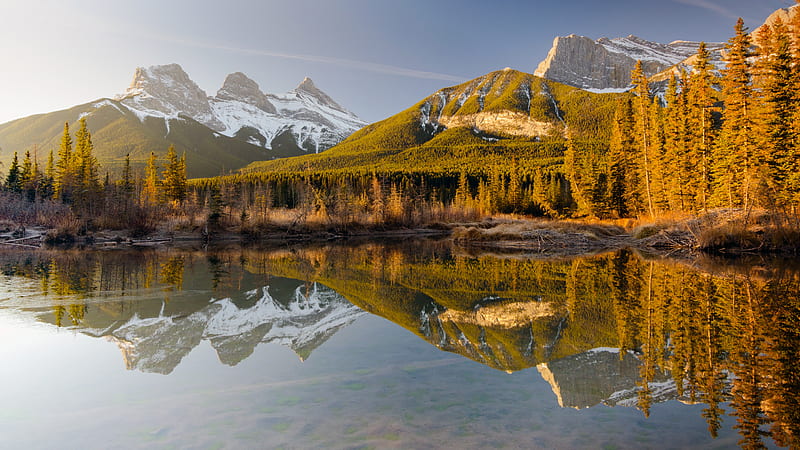 Three Sisters from Police Creek, Bow river, canada, banff, alberta, water, mountains, reflections, HD wallpaper