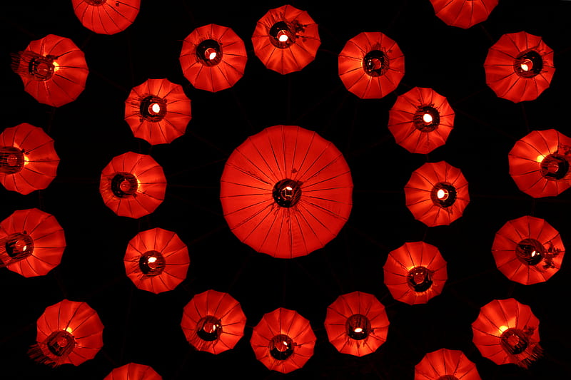 Red Umbrella Pattern In Black Background, HD wallpaper