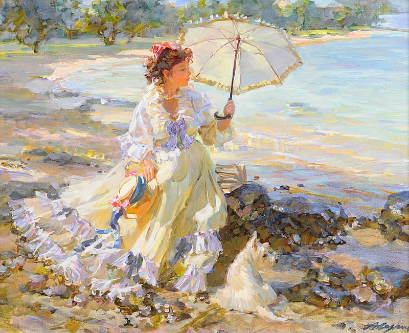 Woman with a parasol, girl, summer, painting, parasol, alexander averin, woman, pictura, art, dress, vara, HD wallpaper