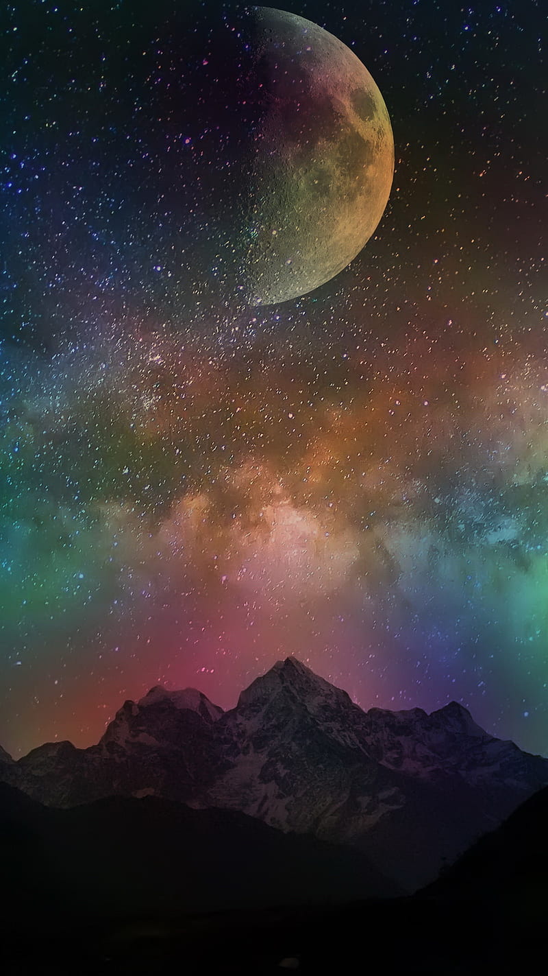 Mountains, colors, galaxy, moon, planet, planets, space, stars, tornado, volcano, HD phone wallpaper