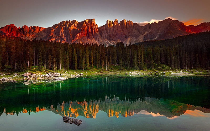 mountains, rocks, forest lake, forest, sunset, Lake Carezza, Nova Levante, Italy, HD wallpaper