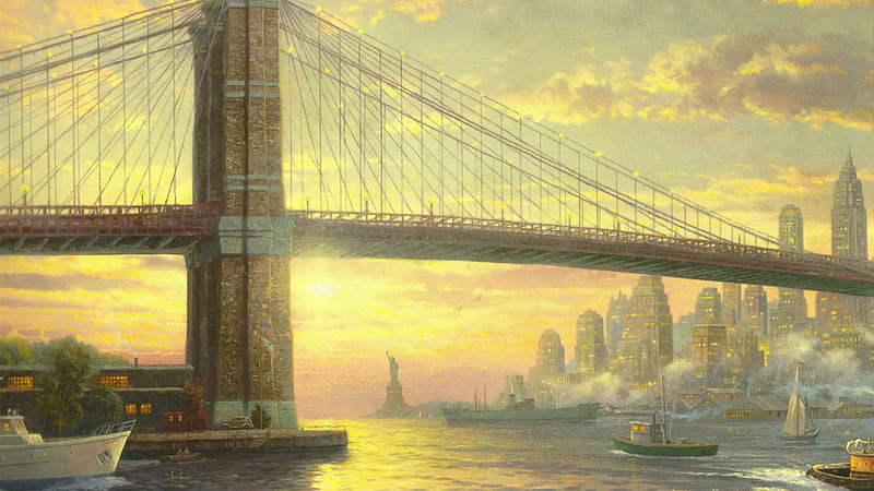 Brooklyn Bridge Sunrise, skyscraper, statue of liberty, boats, ship, brooklyn bridge, river, sunrise, HD wallpaper