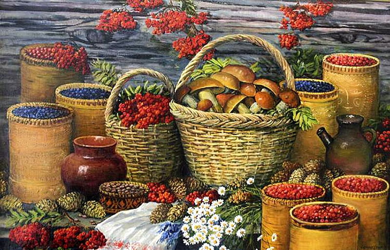 IV Solodukhin. From the forest. Oil on canvas. 2007, fruit, art, food, basket, painting, iv solodukhin, HD wallpaper