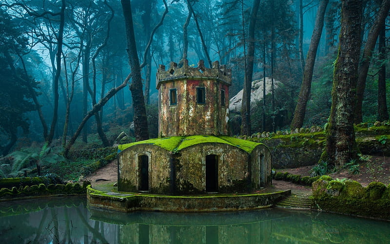 Hobbit's Castle, pond, forest, Sintra, tower, Portugal, trees, Sintra Portugal, HD wallpaper