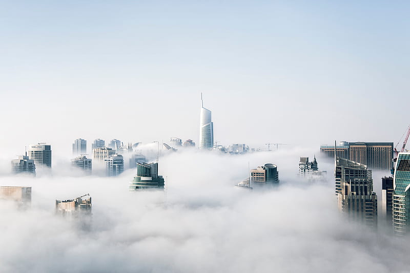 Skyscraper Buildings Covered In Fog, skyscraper, cityscape, buildings, fog, nature, HD wallpaper