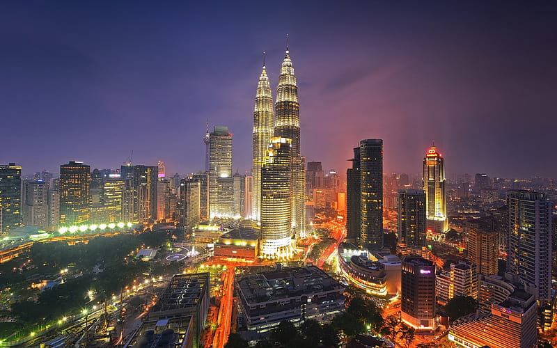 Kuala Lumpur, Petronas Towers, evening, sunset, skyscrapers, modern city, Malaysia, HD wallpaper