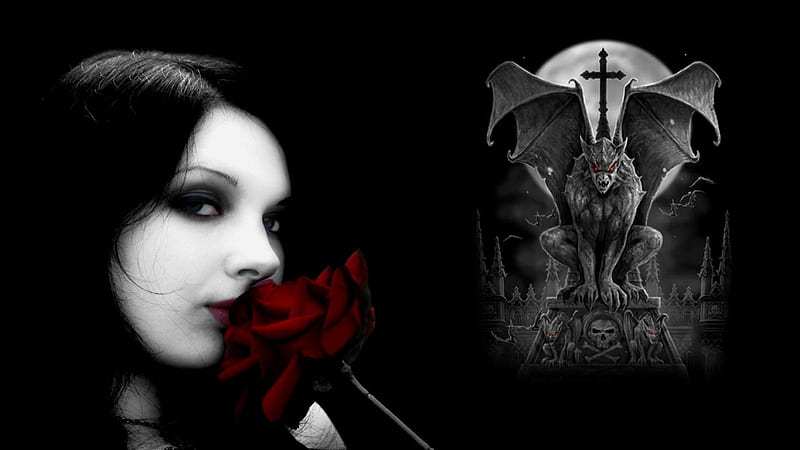 gothic beauty, tombstone, moon, gothic, girl, rose, bat, face, vampire, cemetery, HD wallpaper