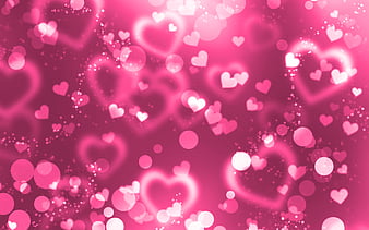 pink glare hearts pink glitter background, creative, love concepts, abstract hearts, pink hearts, HD wallpaper