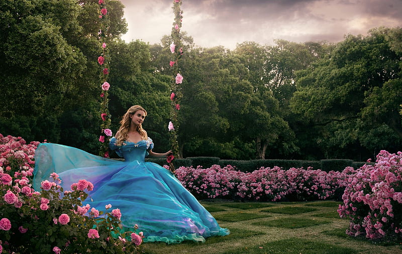 Cinderella, pink, dress, model, rose, chervona vorona, woman, swing, girl, garden, flower, blue, HD wallpaper