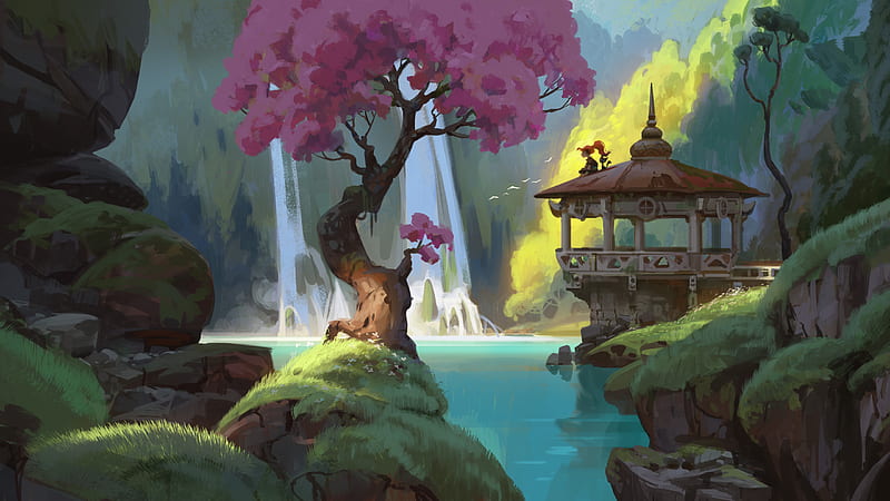 Fantasy, Landscape, Cat, Girl, Tree, Waterfall, HD wallpaper