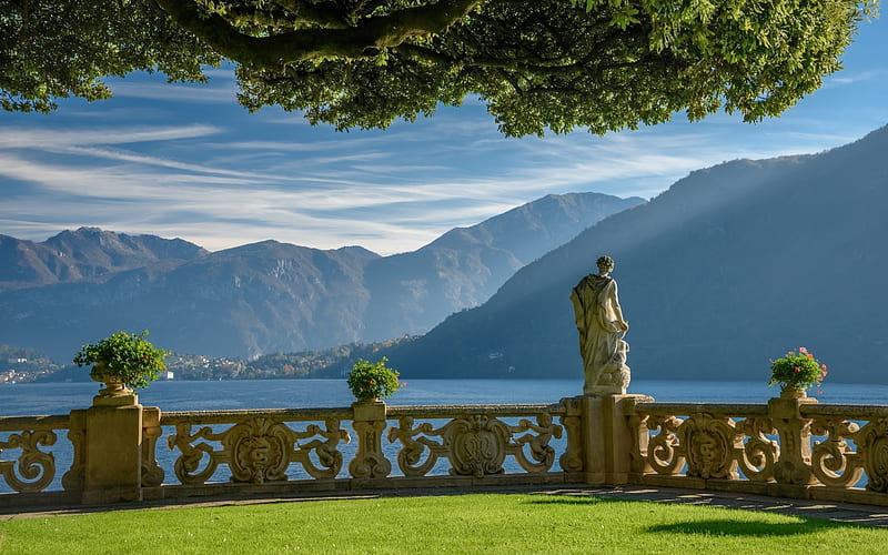 Lake Como, Italy, mountains, Italy, lake, Como, sculpture, terrace, HD wallpaper