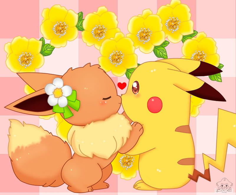 Pikachu and eevee, cute, love, pokemon, HD wallpaper