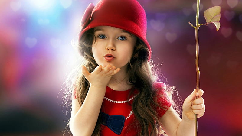 Little Cute Girl Is Blowing a Kiss Wearing Red Dress And Cap Having Stalk In Hand Cute, HD wallpaper