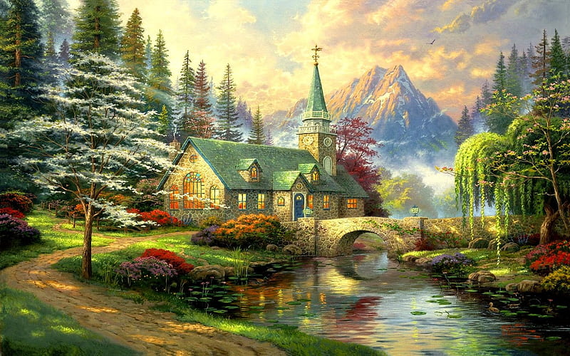 DOGWOOD CHAPELL, forest, water, bridge, mountains, church, trees, HD wallpaper