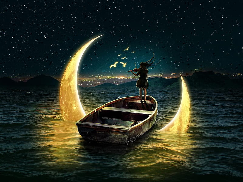 Moon symphony, art, luminos, yellow, silhouette, sea, vara, water, moon, boat, fantasy, girl, mohamed saber, summer, HD wallpaper