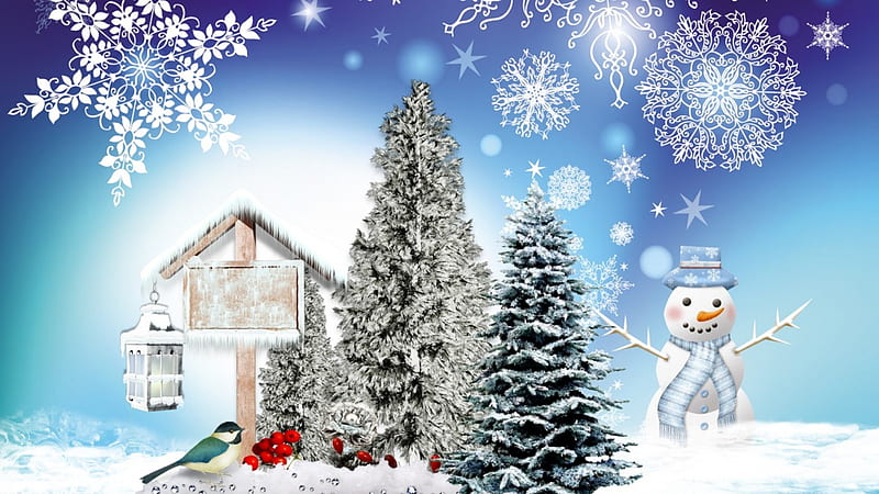 Winter Garden, feliz navidad, christmas, trees, snowman, winter, cold, bird feeder, bird, snow, berries, snowflakes, HD wallpaper