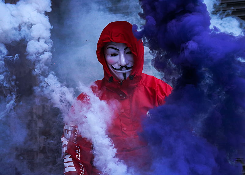 guy fawkes mask, anonymous, smoke, red hoodie, HD wallpaper