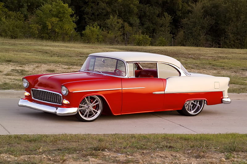 Campbell 55 Chevy, red, fixed, car, chevy, white, HD wallpaper
