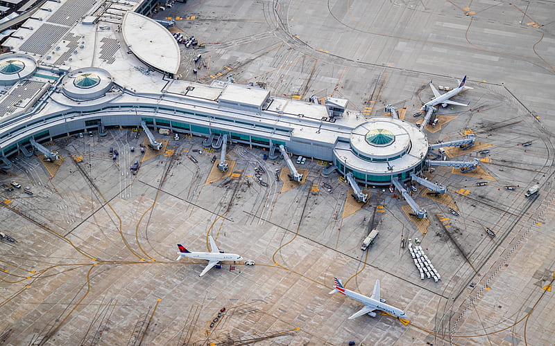 San Diego International Airport, top view, aerial view, passenger airplanes, Lindbergh Field, airport top view, international airport, San Diego, California, USA, HD wallpaper