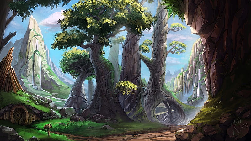 fantasy forest, landscape, trees, artwork, Fantasy, HD wallpaper