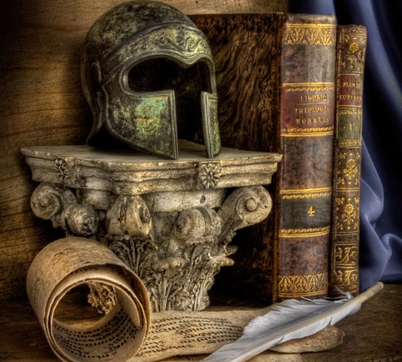 hidden corner, ancient column, antique helmet, books, feather, HD wallpaper