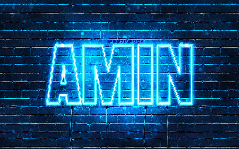 Amin, , with names, Amin name, blue neon lights, Happy Birtay Amin, popular arabic male names, with Amin name, HD wallpaper
