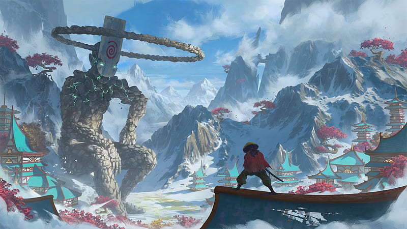 Fantasy, Giant, Mountain, Samurai, HD wallpaper