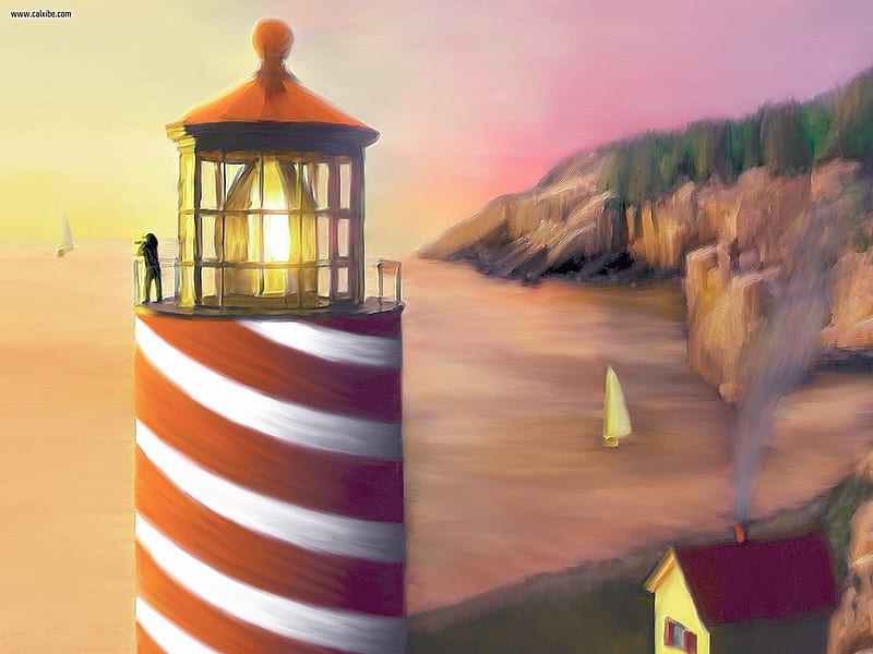Evening Watch, keeper, boat, watch, tower, lighthouse, sea, HD wallpaper