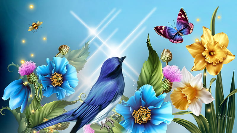 Bird Blossom Butterfly, Firefox theme, blue bird, spring, bee, sparkle, butterfly, bird, flowers, bright, blossoms, garden, summer, HD wallpaper