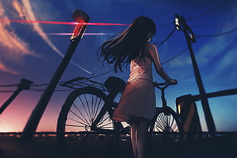 Girl, bike, twilight, anime, art, HD wallpaper | Peakpx