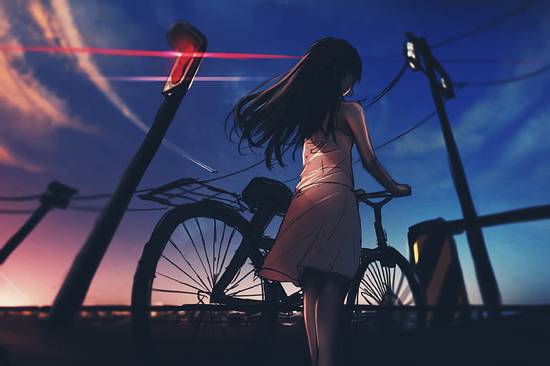 girl, bike, twilight, anime, art, HD wallpaper