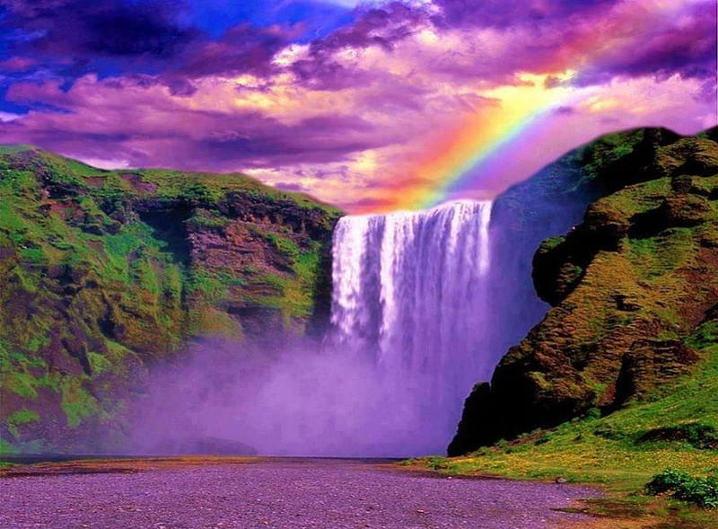 Beautiful Waterfall, colorful, bonito, rainbow, sky, beautiful views, purple, mountains, waterfall, moss, nature, green grass, beautiful scenery, HD wallpaper