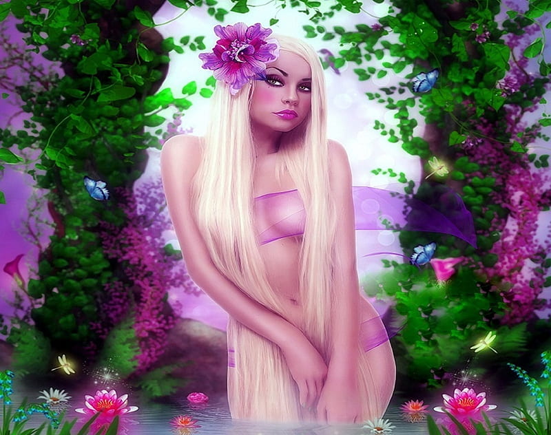 ~Long Blond Hair~, lotus, ivy leaves, softness beauty, bonito, digital art, woman, fantasy, beautiful girls, manipulation, people, flowers in their hair, flowers, glamour, pink, butterfly designs, enchanted, animals, models female, colors, love four seasons, creative pre-made, butterflies, blond hair, pond, dragonflies, weird things people wear, backgrounds, lady, HD wallpaper