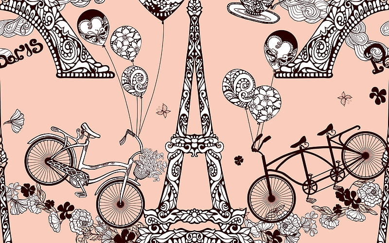 Texture, tower eiffel, pattern, eiffel tower, shoe, bike, paper, pink, balloon, HD wallpaper