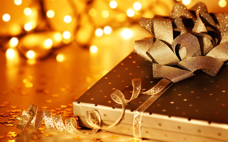 golden gift box, Christmas, New Year, golden silk bow, evening, blur, golden Christmas background, HD wallpaper