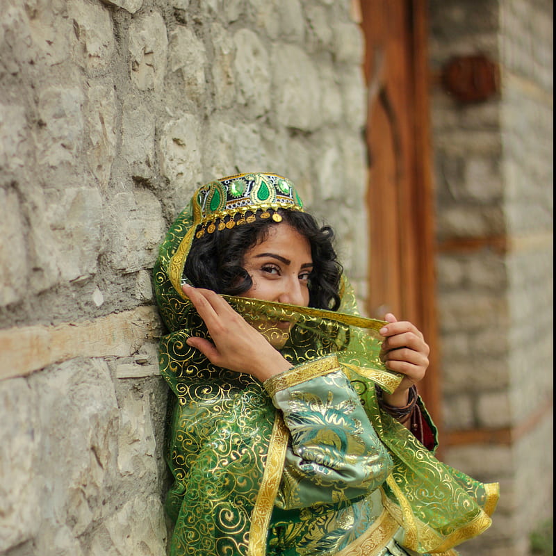 Azerbaijan Girl, Andrey, brunette, caucasus, costume, countryside, culture, curly, cute, energy, eyes, female, gown, green, hide, hiding, hot, iranian, persian, playful, secret, sexy, shy, tradition, traditional, turkish, vail, village, young, HD phone wallpaper