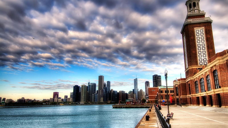beautiful city waterfront r, city, waterfront, r, clouds, bay, HD wallpaper