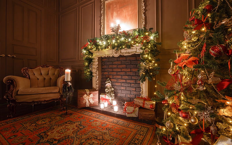 Christmas interior, evening, fireplace, Christmas tree, decorations, Christmas, New Year, HD wallpaper