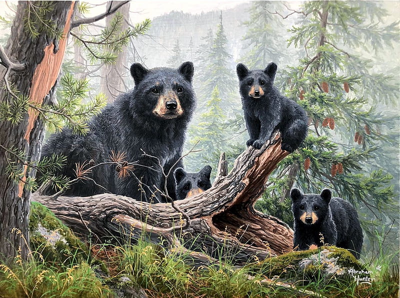 Wilderness Playground, tree, cubs, bears, forest, painting, artwork, HD wallpaper