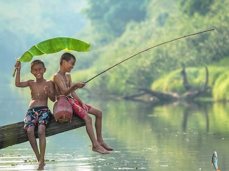 Happy Boys Go Fishing on the River, children, summer, river, fish, HD wallpaper