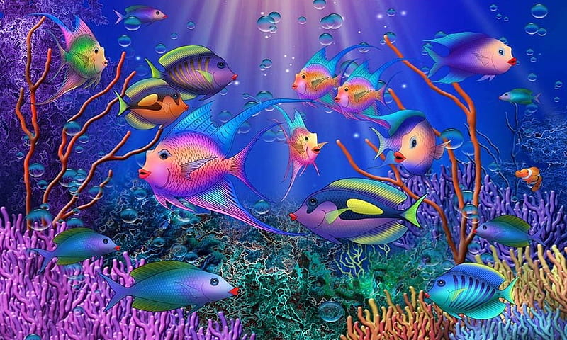 Colorful Fisom, ocean, colorful, Fish, Reefs, fantasy, digital, sea, HD ...